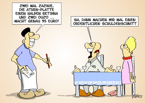 Cartoon: Schuldenschnitt (medium) by Marcus Gottfried tagged retsina,tzaziki,miese,bezahlen,rechnung,getränk,speise,essen,gast,restaurant,kellner,europa,euro,schuldenschnitt,schulden,griechenland