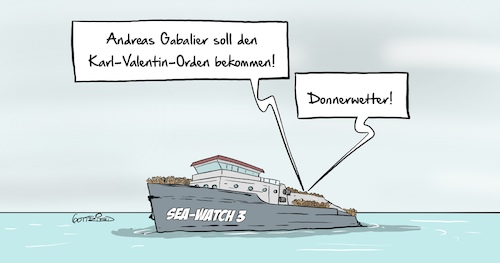 Cartoon: Sea Watch 3 (medium) by Marcus Gottfried tagged andreas,gabalier,karl,valentin,orden,verleihung,preis,kritik,italien,flüchtlinge,sea,watch,andreas,gabalier,karl,valentin,orden,verleihung,preis,kritik,italien,flüchtlinge,sea,watch