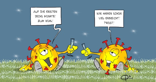 Cartoon: Sechs Monate (medium) by Marcus Gottfried tagged corona,infektion,webasto,pandemie,anfang,ende,jahrestag,halbjahr,erfolg,prost,glückwunsch,corona,infektion,webasto,pandemie,anfang,ende,jahrestag,halbjahr,erfolg,prost,glückwunsch