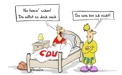 Cartoon: So eine (medium) by Marcus Gottfried tagged nrw,nordrhein,westfalen,koalitionsverhandlung,lindner,fdp,cdu,landtag,koalition,vertrauen,werben,anbieten,wollen,zieren,bett,beischlaf,anbiedern,ablehnen,freunde,marcus,gottfried,cartoon,karikatur,nrw,nordrhein,westfalen,koalitionsverhandlung,lindner,fdp,cdu,landtag,koalition,vertrauen,werben,anbieten,wollen,zieren,bett,sex,beischlaf,anbiedern,ablehnen,freunde,marcus,gottfried,cartoon,karikatur