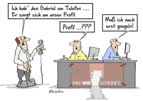 Cartoon: SPD Profil (medium) by Marcus Gottfried tagged spd,cdu,koalition,mehrheit,regierung,berlin,parteibüro,anruf,telefon,sigmar,gabriel,profil,profilneurose,ansehen,eigenständigkeit,marke,sorge,sorgen,googeln,google,freunde,freude,marcus,gottfried,cartoon,karikatur,spd,cdu,koalition,mehrheit,regierung,berlin,parteibüro,anruf,telefon,sigmar,gabriel,profil,profilneurose,ansehen,eigenständigkeit,marke,sorge,sorgen,googeln,google,freunde,freude,marcus,gottfried,cartoon,karikatur
