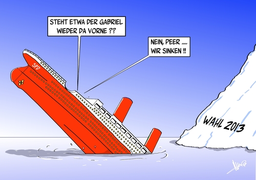 Cartoon: SPD Titanic (medium) by Marcus Gottfried tagged titanic,prothese,untergang,sinken,schiff,boot,kahn,eisberg,wahl,bundestagswahl,wahljahr,peer,steinbrück,gabriel,vorsitz,partei,spd,regierung,verantwortung,neid,zwist,streit,brücke,kapitän,leitung,chef