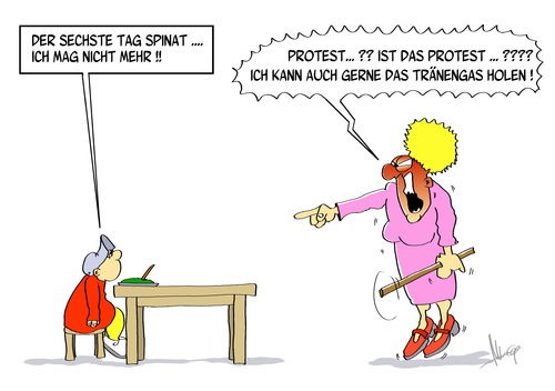 Cartoon: Spinatprotest (medium) by Marcus Gottfried tagged spinat,protest,eltern,marcus,gottfried,cartoon,karikatur,kind,essen,strafe,tränengas,bestrafung,knüppel,demonstration,widerstand,spinat,protest,eltern,marcus,gottfried,cartoon,karikatur,kind,essen,strafe,tränengas,bestrafung,knüppel,demonstration,widerstand