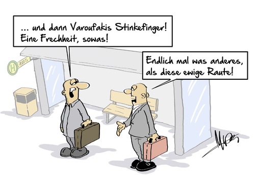 Cartoon: Stinkefinger (medium) by Marcus Gottfried tagged yanis,varoufakis,griechenland,jauch,tv,fernsehen,reportage,finanzminister,talkshow,haltestelle,frechheit,beleidigung,schulden,schuldenschnitt,raute,merkel,angela,zeichen,symbol,aussage,ruhe,marcus,gottfried,cartoon,karikatur,yanis,varoufakis,griechenland,jauch,tv,fernsehen,reportage,finanzminister,talkshow,haltestelle,frechheit,beleidigung,schulden,schuldenschnitt,raute,merkel,angela,zeichen,symbol,aussage,ruhe,marcus,gottfried,cartoon,karikatur