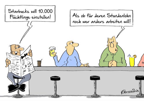 Cartoon: Stundenlohn für Flüchtlinge (medium) by Marcus Gottfried tagged starbucks,kaffee,cafe,kette,sozial,stundenlohn,mindestlohn,bezahlung,flüchtling,flucht,ausnutzen,widerstand,trump,donald,usa,steuern,anschein,vortäuschen,deckmantel,freunde,marcus,gottfried,cartoon,karikatur