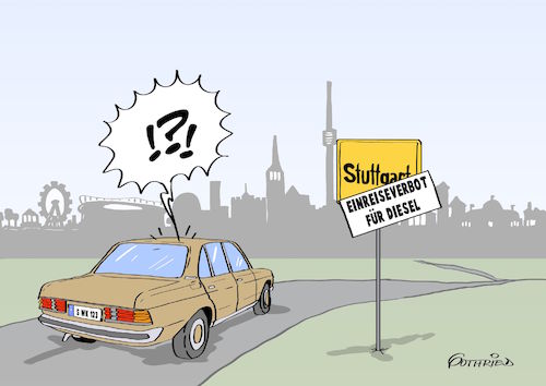 Cartoon: Stuttgarter Einreiseverbot (medium) by Marcus Gottfried tagged stuttgart,diesel,abgas,stickoxyd,innenstadt,umweltzone,blaue,plakette,mercedes,dieselfahrzeug,filter,e5,e6,einreiseverbot,ausschluss,donald,trump,wilfried,kretschmann,freunde,marcus,gottfried,cartoon,karikatur,stuttgart,diesel,abgas,stickoxyd,innenstadt,umweltzone,blaue,plakette,mercedes,dieselfahrzeug,filter,e5,e6,einreiseverbot,ausschluss,donald,trump,wilfried,kretschmann,freunde,marcus,gottfried,cartoon,karikatur