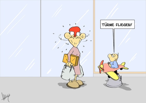 Cartoon: Türme fliegen! (medium) by Marcus Gottfried tagged türme,fliegen,flugzeug,nine,eleven,11,anschlag,new,york,taliban,bin,laden,afghanistan,terror,terrornetz,kind,spielzeug,kaufhaus,mutter,einkauf,peinlich,zuhörer,zeugen