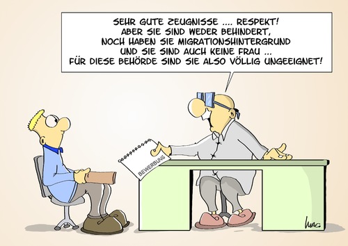 Cartoon: Ungeeignet! (medium) by Marcus Gottfried tagged ungeeignet,zeugnis,vorstellung,vorstellungsgespräch,bewerbung,arbeitgeber,arbeitnehmern,behinderung,behindert,migrant,migration,migrationshintergrund,frau,mann,quote,gleichstellung,behörde,amt