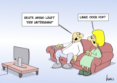 Cartoon: Untergang (medium) by Marcus Gottfried tagged linke,fdp,partei,parteitag,vorsitzender,wahl,gysi,lafontaine,parteispitze,untergang,film,abgesang,verlust,streit,zerwürfnis,linke,fdp,partei,parteitag,vorsitzender,wahl,gysi,lafontaine,parteispitze,untergang,film,abgesang,verlust,streit,zerwürfnis,lindner,bartsch,wagenknecht