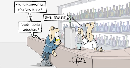 Cartoon: Vierlagig (medium) by Marcus Gottfried tagged bier,kneipe,preis,corona,covid,toilettenpapier,hamstern,schwarzmarkt,bier,kneipe,preis,corona,covid,toilettenpapier,hamstern,schwarzmarkt