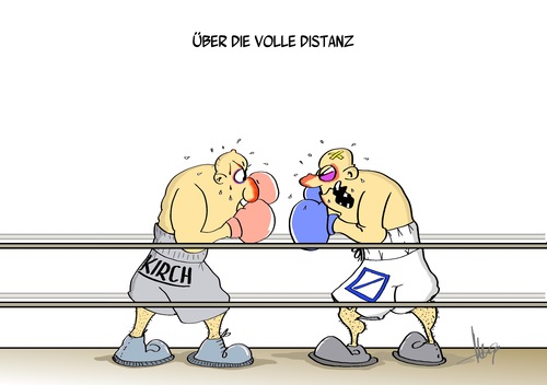 Cartoon: volle Distanz (medium) by Marcus Gottfried tagged deutsche,bank,breuer,kirch,media,group,medien,marcus,gottfried,cartoon,karikatur,boxen,boxkampf,kampf,fight,geld,anteile,börse,aktien,pleite,ruin,schuld,geldgeber,anklage,streit,rechtsstreit