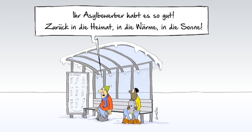 Cartoon: Wärme und Sonne (medium) by Marcus Gottfried tagged wärme,sonne,flüchtlinge,flucht,winter,kälte,kalt,wetter,hoch,hubert,frieren,schnee,eis,marcus,gottfried,cartoon,karikatur,wärme,sonne,flüchtlinge,flucht,winter,kälte,kalt,wetter,hoch,hubert,frieren,schnee,eis,marcus,gottfried,cartoon,karikatur