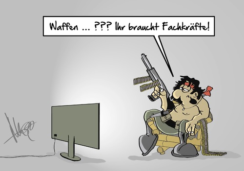 Cartoon: Waffen und Fachkräfte (medium) by Marcus Gottfried tagged isis,is,islamischer,staat,syrien,irak,angriff,waffenlieferung,gewehr,freund,feind,tv,fernsehen,fachkraft,mangel,verteidigung,rambo,held,marcus,gottfried,cartoon,karikatur,maschinenpistole,pumpgun,lösung,sehnsucht,isis,is,islamischer,staat,syrien,irak,angriff,waffenlieferung,gewehr,freund,feind,tv,fernsehen,fachkraft,mangel,verteidigung,rambo,held,marcus,gottfried,cartoon,karikatur,maschinenpistole,pumpgun,lösung,sehnsucht