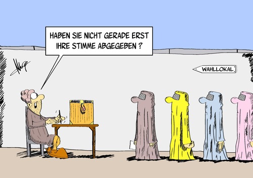 Cartoon: Wahllokal (medium) by Marcus Gottfried tagged kandidat,entscheidung,staatsform,staat,demokratie,wählen,abgeben,stimmabgabe,stimme,wahlleiter,frau,karikatur,cartoon,gottfried,marcus,erkennen,kleidung,burka,wahllokal,urne,wahl,afghanistan,afghanistan,wahl,urne,wahllokal,burka,kleidung,erkennen,marcus,gottfried,cartoon,karikatur,frau,wahlleiter,stimme,stimmabgabe,abgeben,wählen,demokratie,staat,staatsform,entscheidung,kandidat