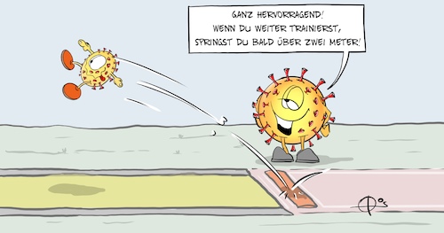 Cartoon: Weitsprung (medium) by Marcus Gottfried tagged corona,virus,abstand,entfernung,anstecken,training,mutation,corona,virus,abstand,entfernung,anstecken,training,mutation