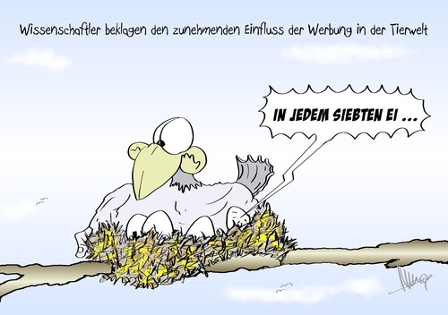 Cartoon: Werbeeinfluss (medium) by Marcus Gottfried tagged vogel,nest,werbung,ei,überraschung,ferrero,himmel,sieben,schokolade,tv,konsum,tierwelt,fauna,wissenschaft,klage,beklagen