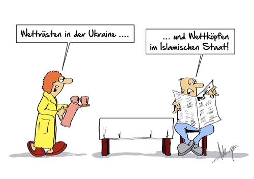 Cartoon: Wettköpfen (medium) by Marcus Gottfried tagged ukraine,russland,wettköpfen,köpfen,kopf,strafe,is,isis,islamischer,staat,islam,glaube,rüstung,rüsten,wettrüsten,aufrüsten,kaffee,paar,marcus,gottfried,cartoon,karikatur,ukraine,russland,wettköpfen,köpfen,kopf,strafe,is,isis,islamischer,staat,islam,glaube,rüstung,rüsten,wettrüsten,aufrüsten,kaffee,paar,marcus,gottfried,cartoon,karikatur