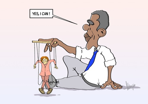 Cartoon: Yes I Can (medium) by Marcus Gottfried tagged obama,merkel,marcus,gottfried,cartoon,karikatur,puppe,strings,marionette,handpuppe,führen,puppenspieler,leiter,europa,geheimdienst,souveränität,eigenständigkeit,abhängigkeit,einmischung,selbstständigkeit,regierung,usa