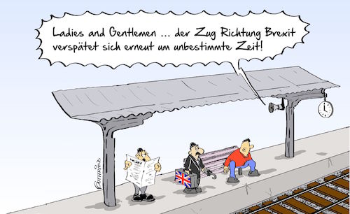 Cartoon: Zug nach Brexit (medium) by Marcus Gottfried tagged großbritannien,gb,england,premierminister,premierministerin,may,rede,brexit,austritt,eu,europäische,union,fortsetzung,beendigung,ende,kontinent,frei,lobbyist,abhängigkeit,glaubwürdigkeit,bank,parkbank,oberhaus,widerstand,verzögerung,fahrplan,zeitung,freunde,marcus,gottfried,cartoon,karikatur,großbritannien,gb,england,premierminister,premierministerin,may,rede,brexit,austritt,eu,europäische,union,fortsetzung,beendigung,ende,kontinent,frei,lobbyist,abhängigkeit,glaubwürdigkeit,bank,parkbank,oberhaus,widerstand,verzögerung,fahrplan,zeitung,freunde,marcus,gottfried,cartoon,karikatur