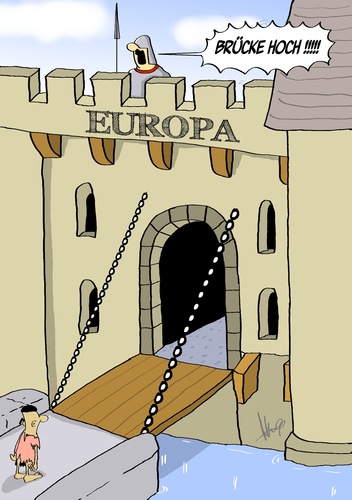 Cartoon: Zugbrücke (medium) by Marcus Gottfried tagged ritter,schloss,burg,marcus,gottfried,cartoon,karikatur,europa,zugbrücke,brücke,abschotten,lampedusa,not,flüchtling,einigeln,wassergraben,einwanderer,einwanderung,afrika,boatpeople,ritter,schloss,burg,marcus,gottfried,cartoon,karikatur,europa,zugbrücke,brücke,abschotten,lampedusa,not,flüchtling,einigeln,wassergraben,einwanderer,einwanderung,afrika,boatpeople,balkanroute,griechenland,grenze,grenzen,eu,stacheldraht,zaun,flucht,emigrant,emigranten,imigrant,imigranten,syrien,libyen,irak,afghanistan