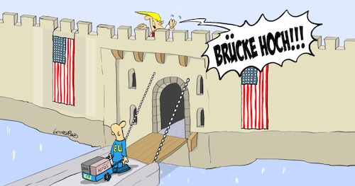 Cartoon: Zugbrücke (medium) by Marcus Gottfried tagged us,use,strafzoll,schutzzoll,automobilindustrie,autos,stahl,aluminium,trump,europa,markt,schütz,marcus,gottfried,cartoon,karikatur,us,use,strafzoll,schutzzoll,automobilindustrie,autos,stahl,aluminium,trump,europa,markt,schütz,marcus,gottfried,cartoon,karikatur