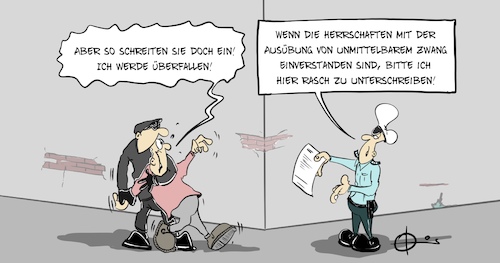 Cartoon: Zwang (medium) by Marcus Gottfried tagged polizei,zwang,unmittelbarer,gewalt,polizeigewalt,festnahme,polizei,zwang,unmittelbarer,gewalt,polizeigewalt,festnahme