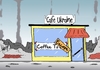 Cartoon: Coffee to Escape (small) by Marcus Gottfried tagged ulraine,ostukraine,russland,angriff,marktwirtschaft,krise,verkauf,krieg,flucht,flüchten,vertriebene,vertreiben,ladenlokal,coffee,to,go,escape,kobane,peschmerga,ruine,einkommen,geld,marcus,gottfried,cartoon,karikatur