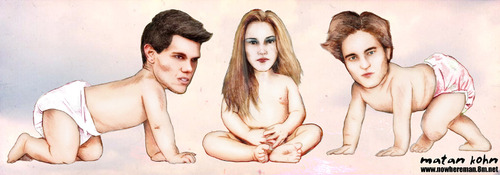 Cartoon: Baby twilight (medium) by matan_kohn tagged baby,twilight,kristen,stewart,robert,pattinson,taylor,lautner,stephenie,meyer,funny,caricature,matan,kohn,water,amusing,realistic,laughing,toilets,hummer