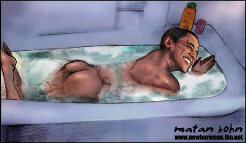 Cartoon: Barack Obama takes a shower (medium) by matan_kohn tagged barack,obama,takes,shower,funny,caricature,matan,kohn,water,amusing,realistic,laughing,hummer