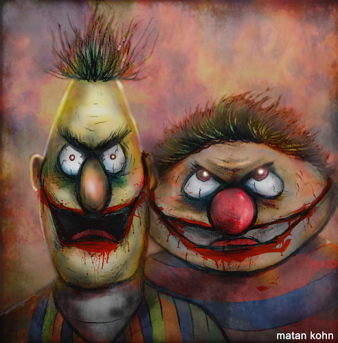 Cartoon: Bert and Ernie (medium) by matan_kohn tagged bertandernie,muppets,sesamestreet,digitalart,drawing,painting,people,portrait,bert,blood,funny,gothic,ghotic,wierd,scarry,zombies,zombie,horror,creepy,television