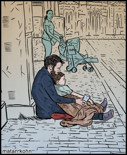 Cartoon: Father and son (medium) by matan_kohn tagged father,son,poor,rich,sad,love,family,toon,illustration,street,drawing,digitalart,fatherandsun,kids,money,shoping,reallove,fortheloveormoney,caricature,reallife,greece,wall,wallart,art,artisitic,mother,bagger,inthenameoflove,meme,life