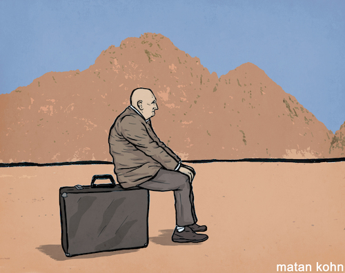 Cartoon: He will arrive... (medium) by matan_kohn tagged desert,oldman,briefcase,waiting,funny,sad,humor,lonliness,theendoftheworld,mountain,trip,design,drawing,illustration,painting,time,timetoplay,playing