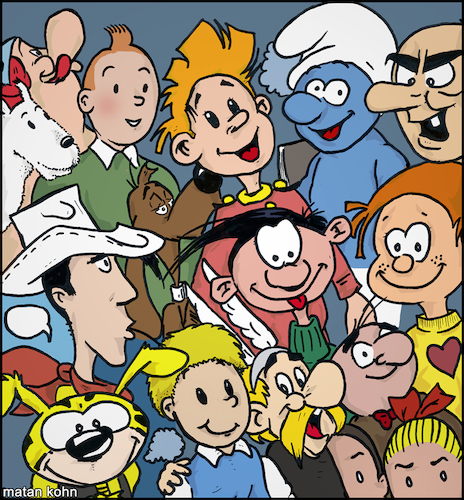 Cartoon: I love Belgium comics (medium) by matan_kohn tagged belgium,comics,comic,belgiumcomics,brussels,tintin,smurfs,asterix,marsupilami,spirou,gaston,obelix,rantanplan,snowy,gargamel,fantasio,illustration,drawing,digitalart,artwork,caricature,fanart,luckyluke