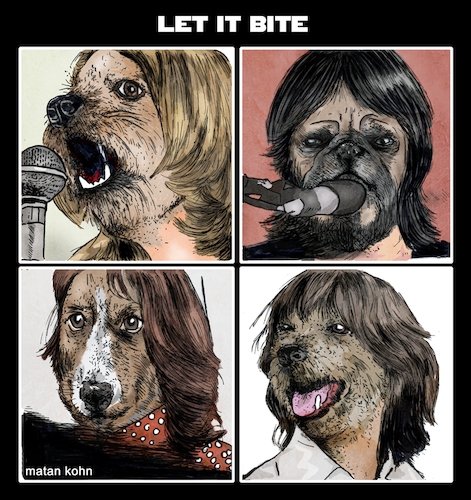 Cartoon: Let it bite (medium) by matan_kohn tagged beatles,thebeatles,johnlennon,paulmccartney,ringostarr,georgeharrison,dog,dogs,funny,london,music,musician,illustration,caricature,comic,animals,artwork,digitalart,band,mendog,letitbe,parody,drawing,cover
