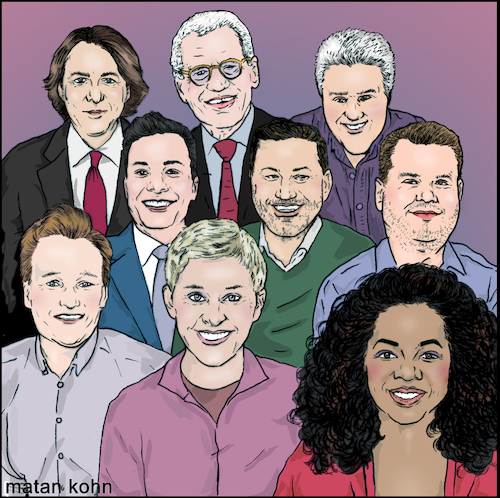 Cartoon: Lets talk (medium) by matan_kohn tagged ellen,degeneres,jay,leno,conan,obrien,david,letterman,jimmy,kimmel,fallon,jonathan,ross,james,corden,oprah,winfrey,television,talkshow,illustration,artwork,stars