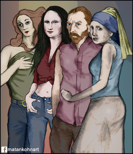 Cartoon: Modern art (medium) by matan_kohn tagged modernart,monalisa,devinci,vangogh,agirlwithapearlearring,virgin,art,artwork,artist,artoftheworld,characters,drawing,illustration,funny,modern,gang,inked,pencils,classic,allstar,digital,digitalart,women,pencil