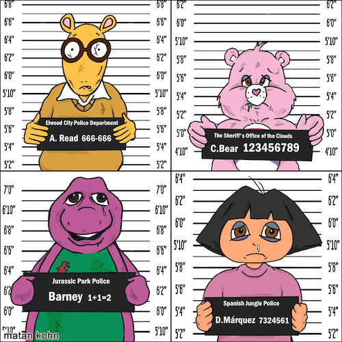 Cartoon: Mugshot (medium) by matan_kohn tagged mugshot,criminal,funny,allshots,style,illustration,drawing,digitalart,fun,tvshow,cute,barneythepurpledinosaur,dora,carebears,arthurread,kids,ghotic,weard,art,funart,lol,lamo,laugh,joke,humor,funnypictures,lip