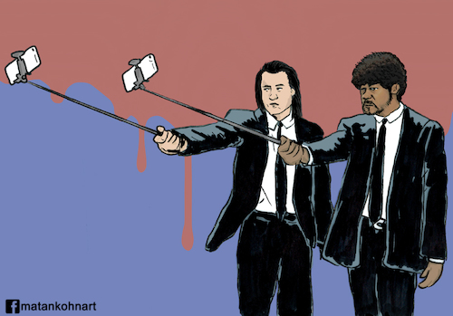 Cartoon: Pulp fiction selfie (medium) by matan_kohn tagged pulp,fiction,quentin,tarantino,john,travolta,samuel,jackson,movie,movies,film,funny,cricature,actor,cinma,mobail,phone,selfie,selfiestick,suit,blood