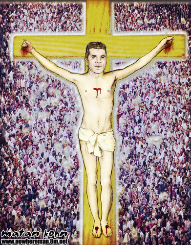 Cartoon: simon cowell is jesus (medium) by matan_kohn tagged simon,cowell,jesus,church,religion,religious,funny,goofy,spiritual,people,crucified,crucifix,caricature,matan,kohn,water,amusing,realistic,laughing,toilets,hummer