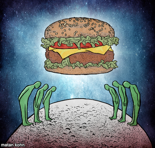 Cartoon: The divine patty (medium) by matan_kohn tagged patty,food,burger,burgerporn,burgerking,mec,mecdonalds,meccheese,foodie,foodpornography,funny,illustration,drawing,alien,art,digitalart,nft,nftart,moon,bow,humor,eating,illustrationartists