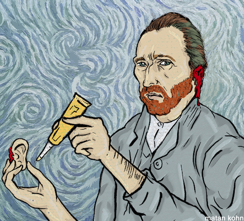 Cartoon: Vincent Van Glue (medium) by matan_kohn tagged art,illustration,glue,funny,vangogh,ear,caricature,memes,fineart,blood,ghotic,beautiful,joke,movie,lifestyle