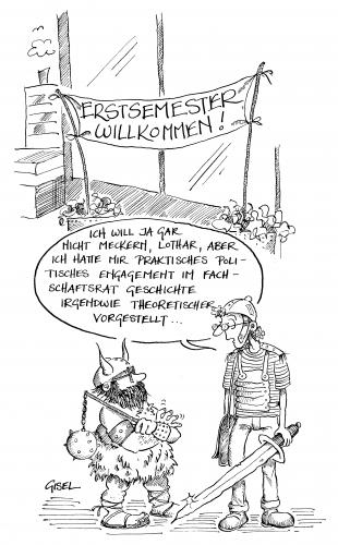 Cartoon: Erst- trifft Siebzehntsemester (medium) by Heliotrop tagged erstsemester,uni,universität,fachschsft