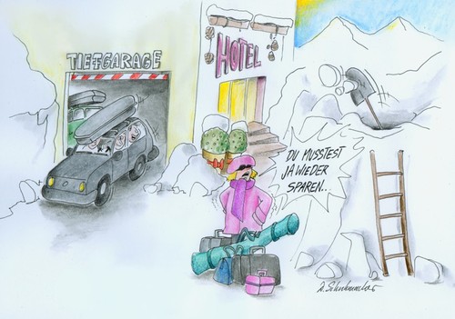 Cartoon: Erschwerte Abreise (medium) by Schuhmacher tagged skiurlaub,hotel,urlaub,auto,schnee,schneefall,winter,wintereinbruch,tiefgarage,österreich,schweiz