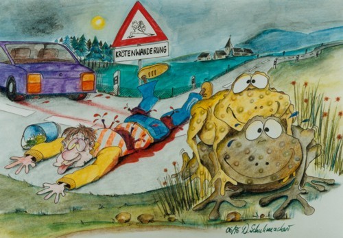 Cartoon: Krötenwanderung (medium) by Schuhmacher tagged kröten,frösche,unken,natur,naturschutz,tierschutz,frühling,märz,april