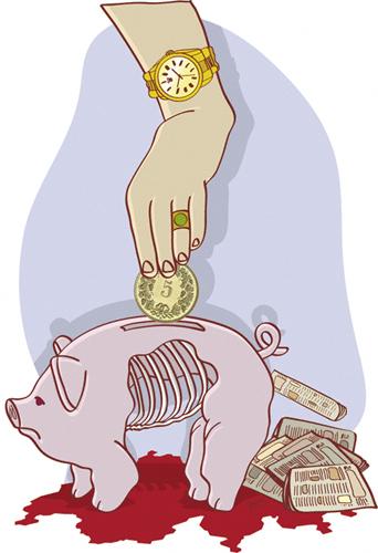 Cartoon: Hungry Piggy Bank (medium) by Davor tagged conceptual,piggy,bank,skeleton,pig,newspaper,switzerland,schwein,rippen,zeitung,schweiz