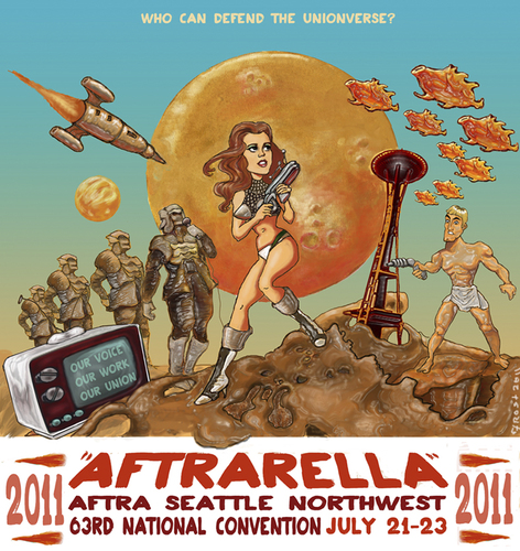 Cartoon: Aftrarella (medium) by frostyhut tagged gun,planet,space,rocket,tv,spaceneedle,seattle,union,janefonda,barbarella,aftra