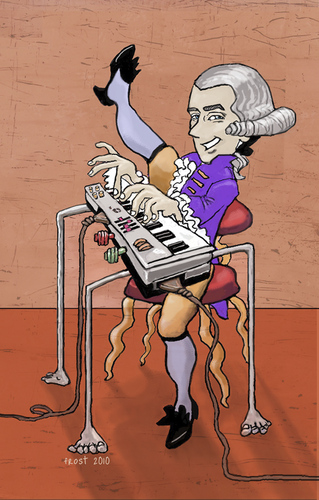 Cartoon: Mozart playing a synthesizer (medium) by frostyhut tagged mozart,synthesizer,keyboard,piano,classical,wig