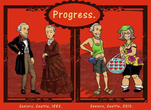 Cartoon: Progress (medium) by frostyhut tagged clothes,historical,vintage,seniors,nineteenthcentury,reticule,tourists,shorts,sandals,socks,fannypack,visor