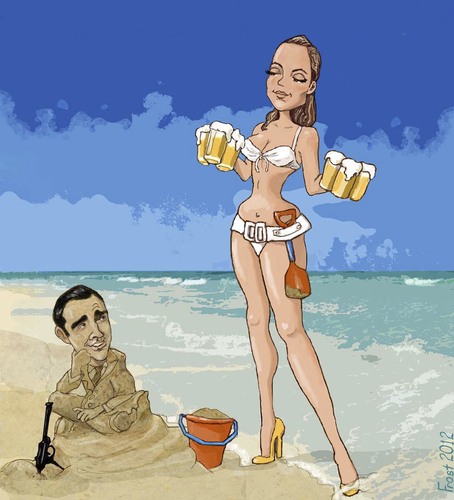 Cartoon: Ursula and Sean (medium) by frostyhut tagged ursula,andress,sean,connery,bond,007,beach,beer,shovel,pail,gun,bikini,ocean,st,pauli
