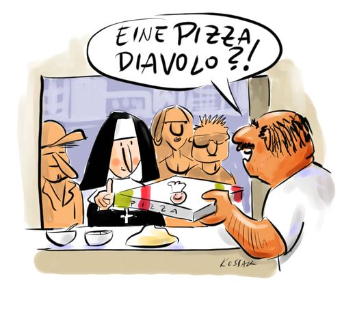 Cartoon: Pizza Diavolo (medium) by Kossak tagged essen,pizza,fastfood,nonne,religion,diavolo,teufel,essen,pizza,fastfood,nonne,religion,diavolo,teufel